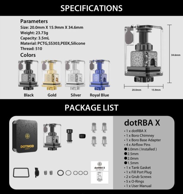 Dotmod dotRBA X DIY霧化艙配件與規格示意，支援多種主機系統