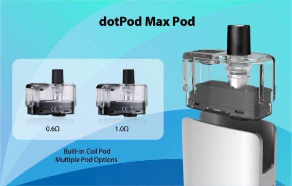 DotPod Max Pod 雙阻值煙彈選項圖，0.6Ω 與 1.0Ω 可選空彈搭配示意