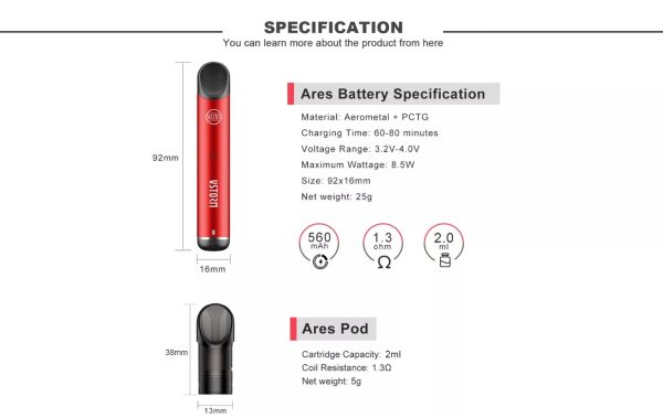 Vapor Storm Ares SE 主機尺寸、重量、電池容量與煙彈規格的圖解資訊。