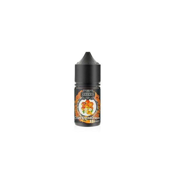 GENESIS 創世紀蜂蜜菊花茶煙油瓶，圖示瓶身以金黃色菊花與蜂蜜元素設計，呈現清涼甘甜的風味印象。